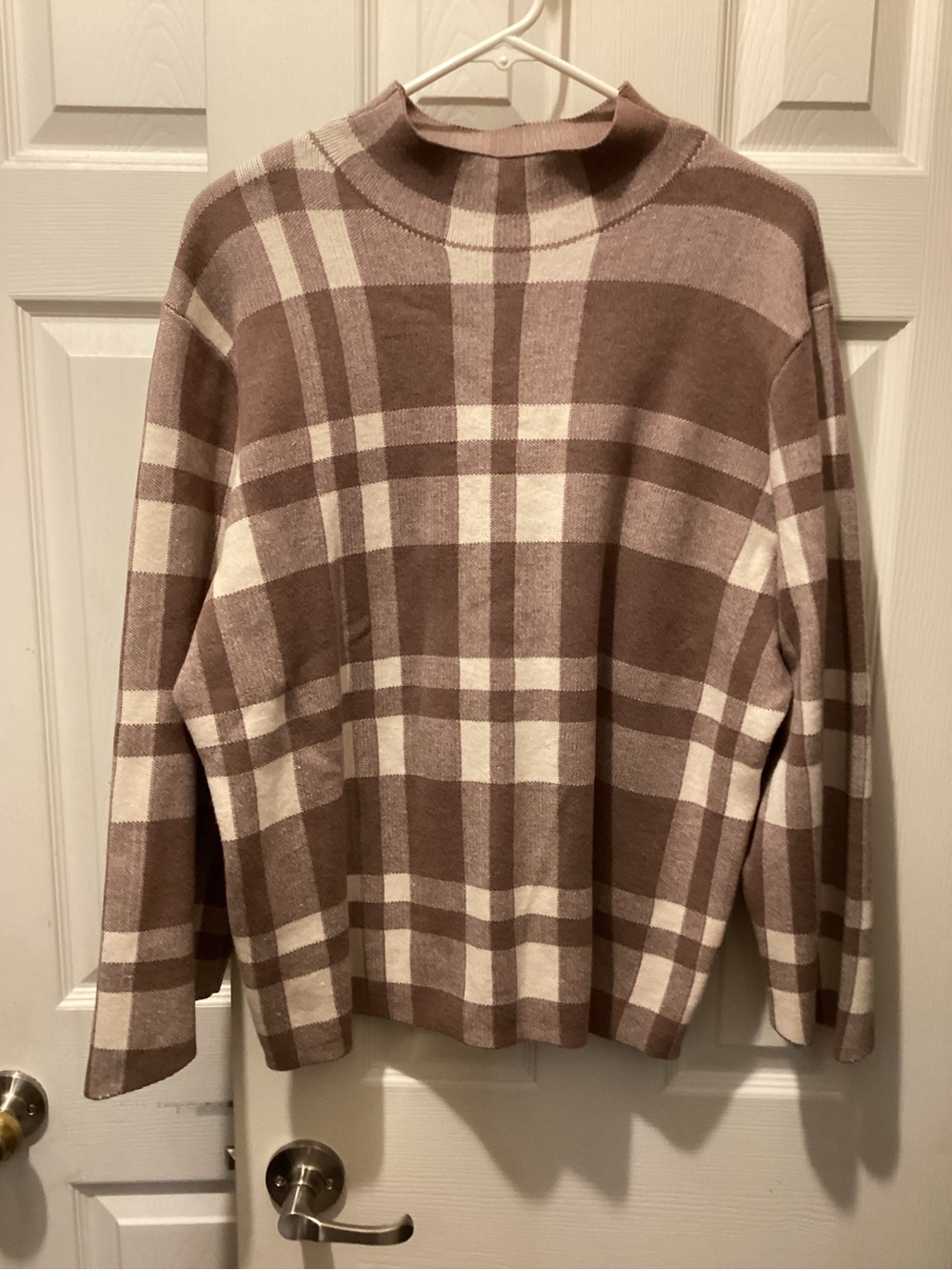 Sioni Plaid Mock Neck Sweater - Cream and Brown